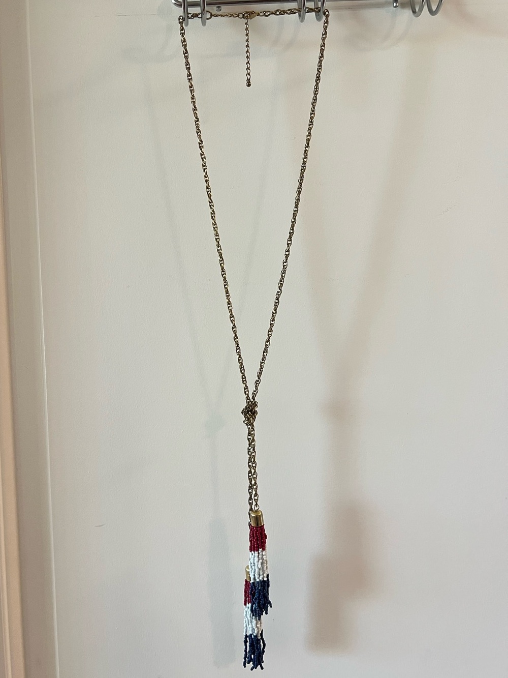 Extra Long bronze Chain Tassel Necklace with Red, White & Blue Beaded Tassel